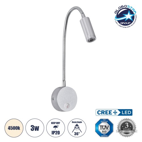 GLOBOSTAR® GOOSE 60879 Μοντέρνο Φωτιστικό Τοίχου - Απλίκα Ξενοδοχείου Reading Light LED 3W 300lm 36° AC 220-240V IP20 Φυσικό Λευκό 4500K - CREE XPE Chip & TÜV SÜD Driver - Σατινέ Νίκελ Βούρτσας - Μ6.5 x Π15 x Υ24.5cm - 3 Χρόνια Εγγύηση