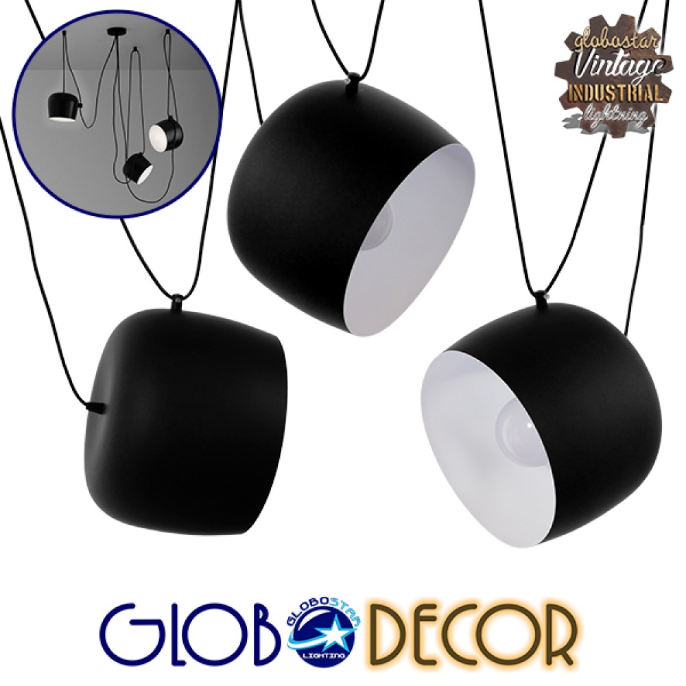 GLOBOSTAR® JASPER 01375 Μοντέρνο Κρεμαστό Φωτιστικό Οροφής με Ντουί 3 x E27 AC 220-240V IP20 - Μαύρο & Λευκό - Μ85 x Π40 x Υ50cm - Σετ 3 Τεμαχίων