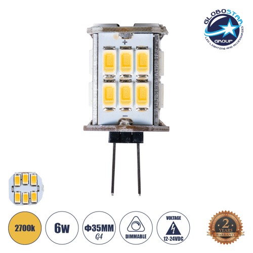 GLOBOSTAR® G4BACK 76136 Λάμπα G4 LED 6W 600lm 320° DC 12-24V IP20 Θερμό Λευκό 2700K Dimmable - Sanan SMD Chip - Back Pin - Μ1.9 x Π1.9 x Υ3.7cm - 2 Χρόνια Εγγύηση