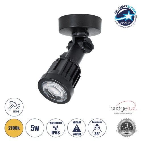 GLOBOSTAR® GARDENINI 61546 Φωτιστικό Σποτ LED 5W 650lm 38° DC 24V Αδιάβροχο IP68 Θερμό Λευκό 2700K Dimmable - Lumileds SMD Chip - Μαύρο - Μ7 x Π7 x Υ14.5cm - 3 Χρόνια Εγγύηση