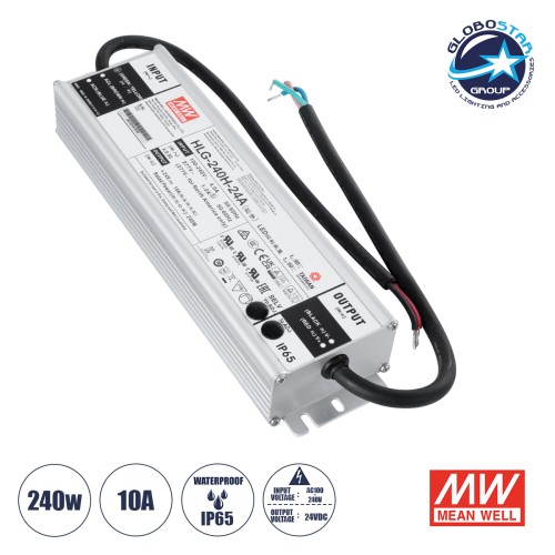 GLOBOSTAR® MEANWELL-HLG240H-24A 90793 Τροφοδοτικό/Μετασχηματιστής SELV 240W 10A DC 24V Αδιάβροχο IP65 - AC 220-240V σε DC 24V / Ρυθμιζόμενο από 22.4VDC έως 25.6VDC - Μ24.4 x Π6.8 x Υ3.88cm - 3 Χρόνια Εγγύηση
