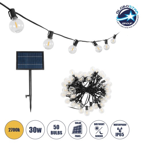 GLOBOSTAR® TWILIGHT 79669 Μοντέρνο Φωτιστικό Κήπου Γιρλάντα 14.5m με 50 Λάμπες LED 30W 2700lm 360° DC 3.6V με Φωτοβολταϊκό Panel 5.5V 5W & Επαναφορτιζόμενη Μπαταρία Li-ion 3.7V 3x18650 6600mAh Αδιάβροχο IP65 Θερμό Λευκό 2700Κ Dimmable - Sanan SMD Chip