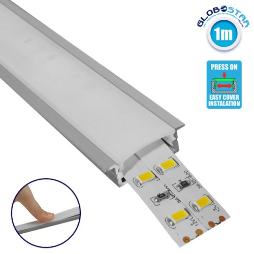 GLOBOSTAR® ALP-LINEAR RECCA 70811-1M Χωνευτό Προφίλ Αλουμινίου με Λευκό Γαλακτερό Πατητό Κάλυμμα για Ταινίες LED IP20 - Ασημί & Λευκό - Μ100 x Π3 x Υ1.1cm