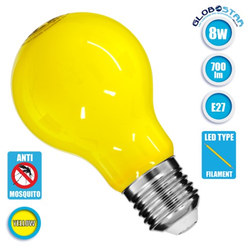GLOBOSTAR® GLOBE 99241 Λάμπα E27 A60 LED 8W 700lm 360° AC 220-240V IP20 Κίτρινο Αντικουνουπική - Filament Chip - Μ6 x Π6 x Υ11cm - 3 Χρόνια Εγγύηση