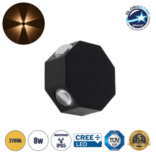 GLOBOSTAR® HIKARI 60687 Μοντέρνο Φωτιστικό Τοίχου - Απλίκα LED 8W 800lm 30° AC 220-240V Αδιάβροχο IP65 Θερμό Λευκό 2700K - CREE XPE Chip & TÜV SÜD Driver - Μαύρο Ματ - Μ10 x Π4 x Υ10cm - 5 Χρόνια Εγγύηση