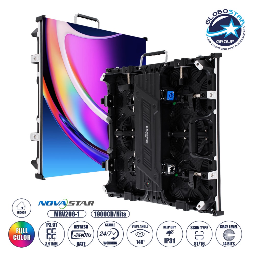 GLOBOSTAR® NEOWALL 41000 Οθόνη Video Wall P3.91 Καμπίνα 50x50cm LED 180W 3840Hz 16384 Dots ≥1900cd/㎡ Nits AC 220-240V Εσωτερικού Χώρου IP31 Full Color S1/16 14Bits - Κάρτα NovaStar MRV208-1 - Προστατευτικά Γωνιών - Kinglight SMD2121 & CZCL Driver - Μ5