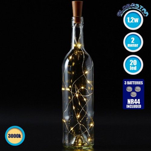 79790 Διακοσμητική Γιρλάντα 20 LED με Ασημένιο Συρμάτινο Καλώδιο 2 Μέτρων Μπαταρίας για Μπουκάλια Θερμό Λευκό 3000K