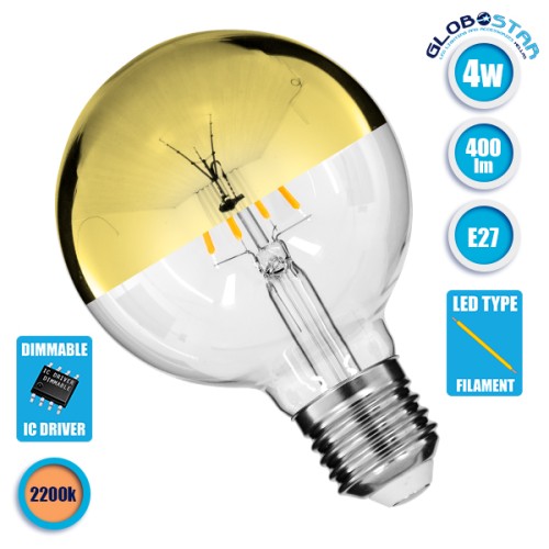 GLOBOSTAR® BUBBLE 99108 Λάμπα E27 G80 LED 4W 400lm 320° AC 220-240V IP20 Ultra Θερμό Λευκό 2200K Dimmable - Filament Chip - Διάφανο με Χρυσό Ανεστραμμένο Καθρέπτη - Μ8 x Π8 x Υ12.5cm - 3 Χρόνια Εγγύηση