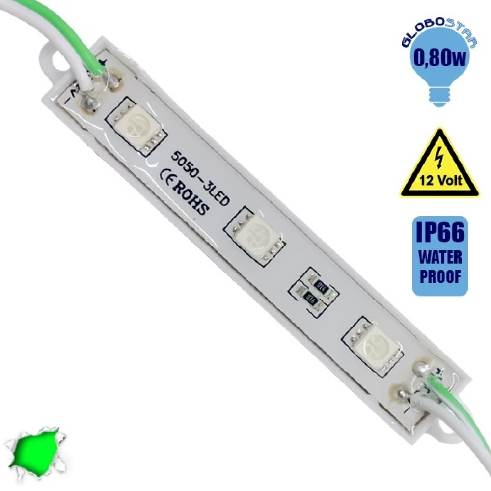 20 Τεμάχια x LED Module 3 SMD 5050 0.8W 12V 50lm IP65 Αδιάβροχο Πράσινο GloboStar 65003