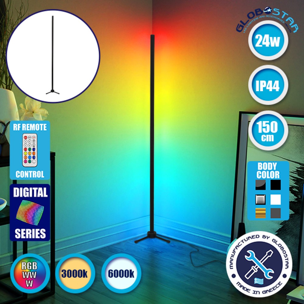Μοντέρνο Minimal Επιδαπέδιο Μαύρο Φωτιστικό 150cm LED 24 Watt με Ασύρματο Χειριστήριο 2.4G RF & Dimmer RGBW+WW Πολύχρωμο Digital Magic Dot Pixel GloboStar ALIEN Design GLOBO-150-11