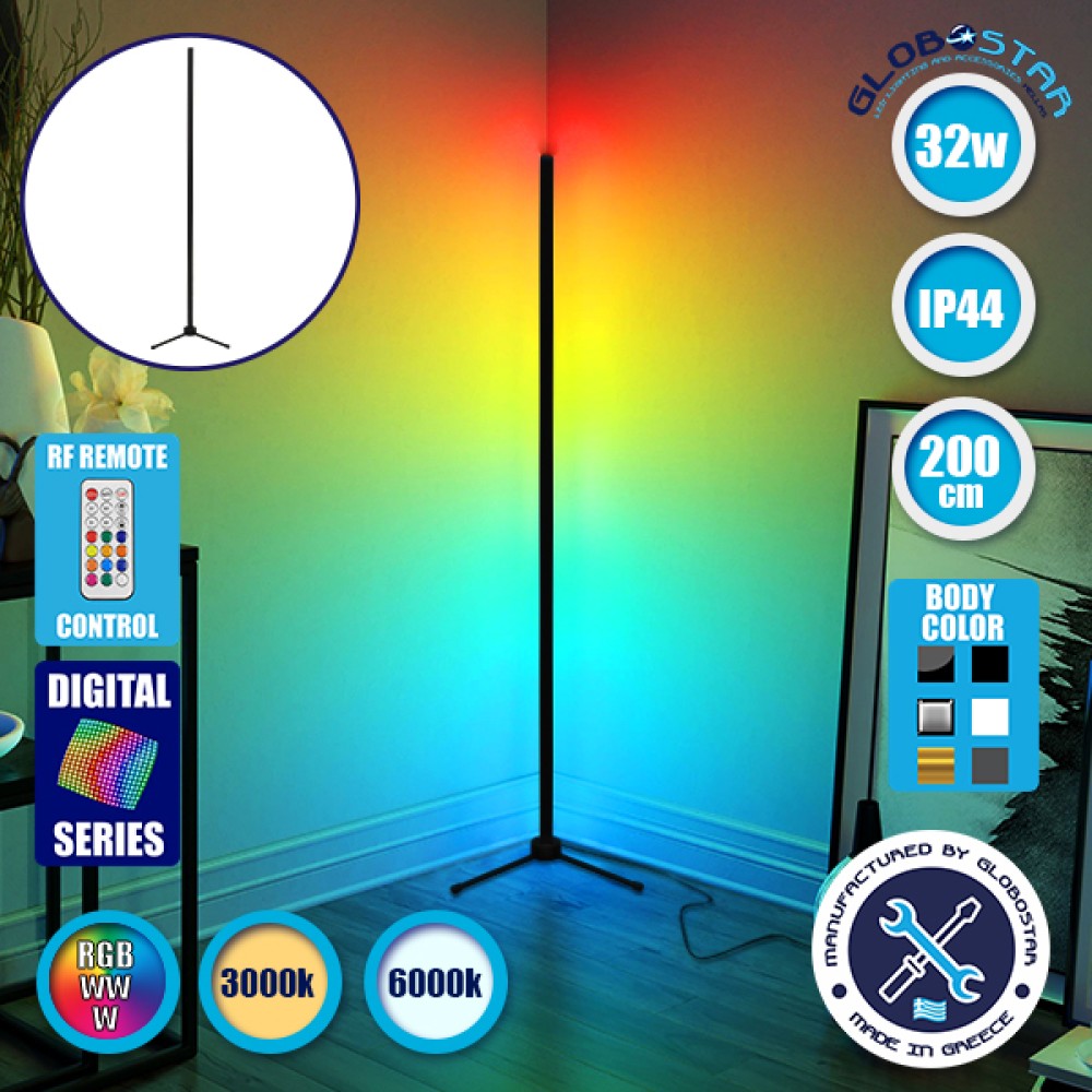 Μοντέρνο Minimal Επιδαπέδιο Μαύρο Φωτιστικό 200cm LED 32 Watt με Ασύρματο Χειριστήριο 2.4G RF & Dimmer RGBW+WW Πολύχρωμο Digital Magic Dot Pixel GloboStar ALIEN Design GLOBO-200-11