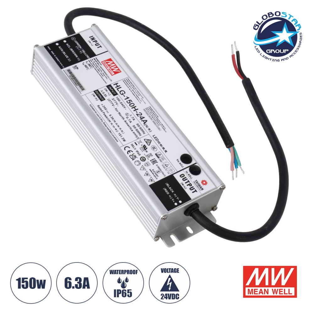 GLOBOSTAR® MEANWELL-HLG-150H-24A 90785 Τροφοδοτικό/Μετασχηματιστής SELV 150W 6.25A DC 24V Αδιάβροχο IP65 - AC 220-240V σε DC 24V - Μ22.8 x Π6.8 x Υ4cm - 3 Χρόνια Εγγύηση
