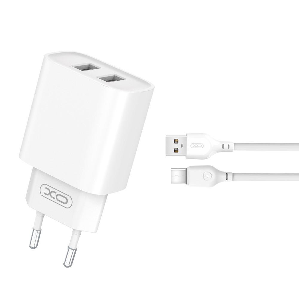 Σετ Φορτιστής Σπιτιού XO με 2 Θύρες USB 2.1A και Καλώδιο USB σε Type C 1 Μέτρο - Λευκό