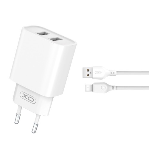 Σετ Φορτιστής Σπιτιού XO με 2 Θύρες USB 2.1A και Καλώδιο USB σε Type C 1 Μέτρο - Λευκό