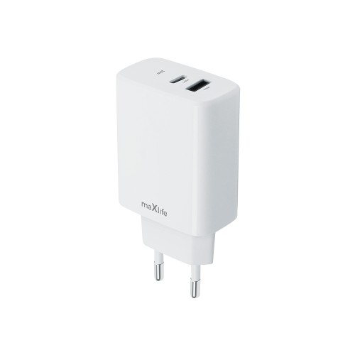Φορτιστής Σπιτιού MAXLIFE με 2 Θύρες USB QC 3.0 / USB Type C PD 20W - Λευκό