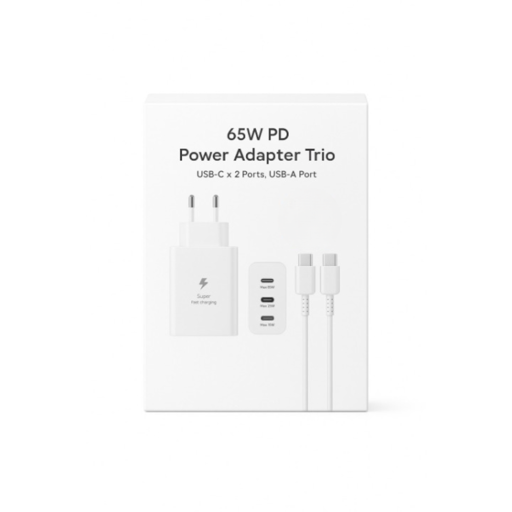 Φορτιστής Τοίχου με 2 Θύρες Type C και μια Θύρα USB PD 65W με Καλώδιο Type C σε Type C - Λευκό
