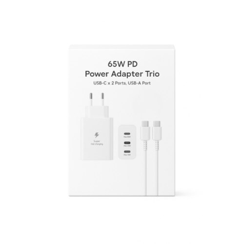 Φορτιστής Τοίχου με 2 Θύρες Type C και μια Θύρα USB PD 65W με Καλώδιο Type C σε Type C - Λευκό