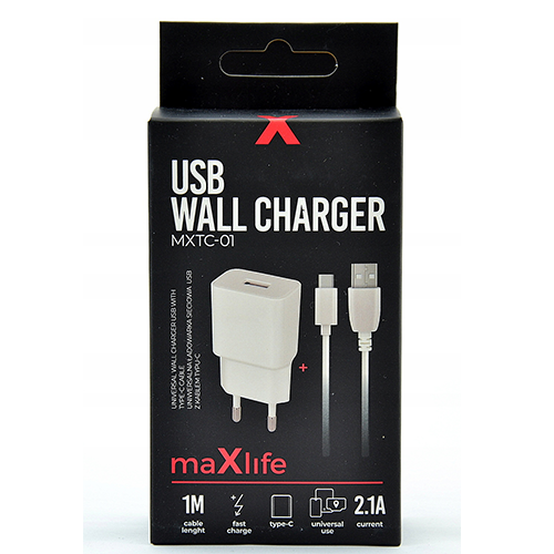 Σετ Φορτιστής Σπιτιού maXlife MXTC-01 Usb 2.1A με Καλώδιο Type C - Λευκό