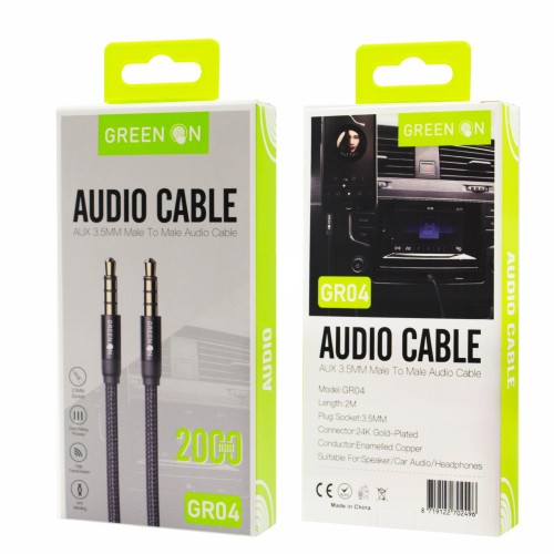 GREEN ON 3.5mm Aux Υφασμάτινο Καλώδιο 4 Pin - Μαύρο GR04 2μ.