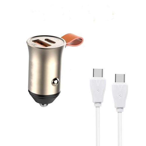 Σετ Φορτιστής Αυτοκινήτου GREEN ON 30W με 2 Θύρες (USB QC4 / Type C PD) και Υφασμάτινο Καλώδιο Type C σε Type C - Χρυσό C509Q