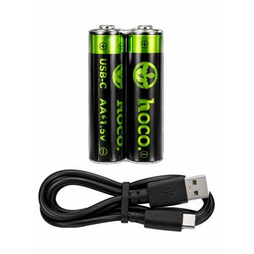 Hoco Επαναφορτιζόμενες Μπαταρίες ΑΑ 3200mAh 2/BLISTER με Καλώδιο USB-A σε TYPE-C - Μαύρες