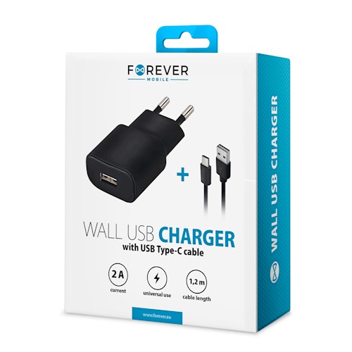 Σετ Φορτιστής Σπιτιού FOREVER TC-01 Usb 2A με Καλώδιο Type C 1.2 Μέτρα - Μαύρο
