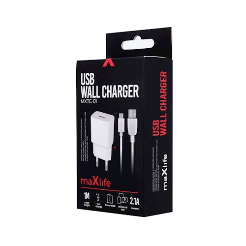 Σετ Φορτιστής Σπιτιού maXlife MXTC-01 Usb 2.1A με Καλώδιο Micro Usb - Λευκό