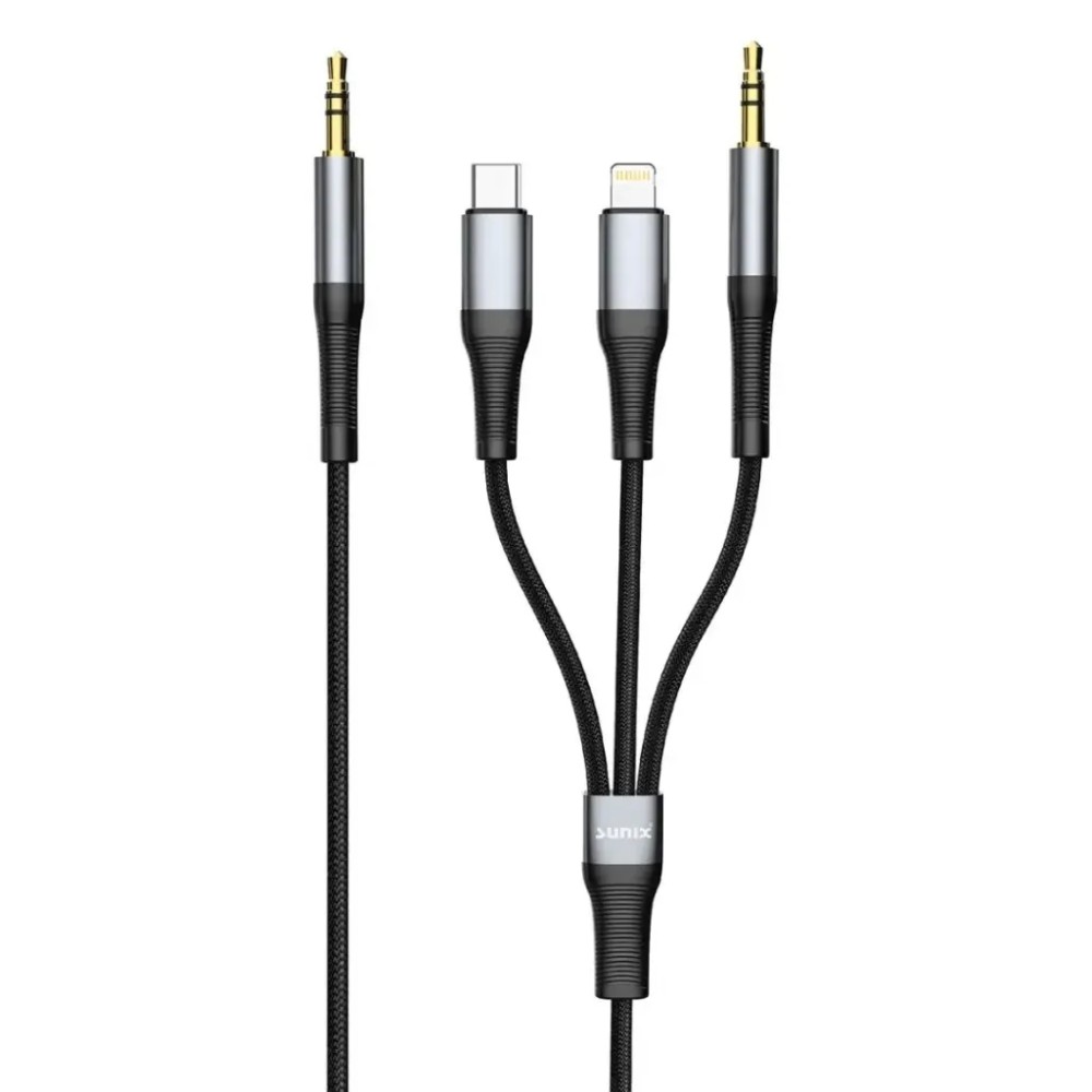 Sunix 3 σε 1 Υφασμάτινο Καλώδιο Ήχου Aux Jack 3.5mm Αρσενικό σε Type-C / Lightning / Aux 1 Μέτρο - Μαύρο