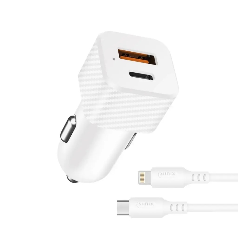 Sunix Σετ Φορτιστής Αυτοκινήτου 20W με 2 Θύρες (USB A / Type C) και Καλώδιο Type C σε Lightning - Άσπρο