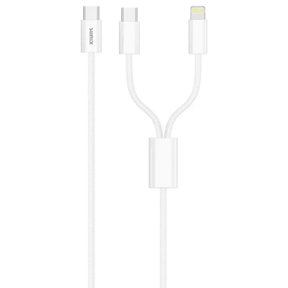 Sunix Υφασμάτινο Καλώδιο Type C 2 σε 1 Type C / Lightning (3A / 2.4A) 1.20μ. - Άσπρο