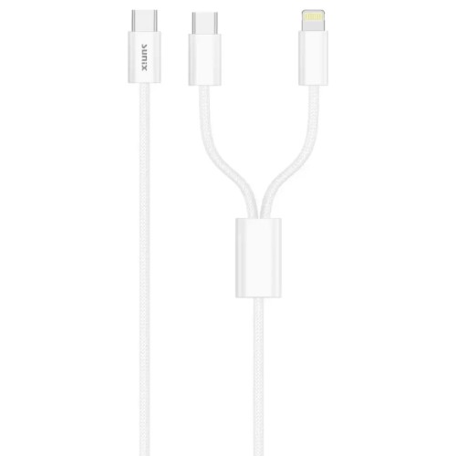 Sunix Υφασμάτινο Καλώδιο Type C 2 σε 1 Type C / Lightning (3A / 2.4A) 1.20μ. - Άσπρο