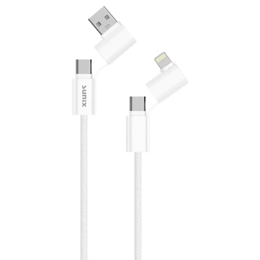 Sunix Υφασμάτινο Καλώδιο 4 σε 1 Type C - Lightning - Type C - USB A 1.2 Μέτρα - Άσπρο