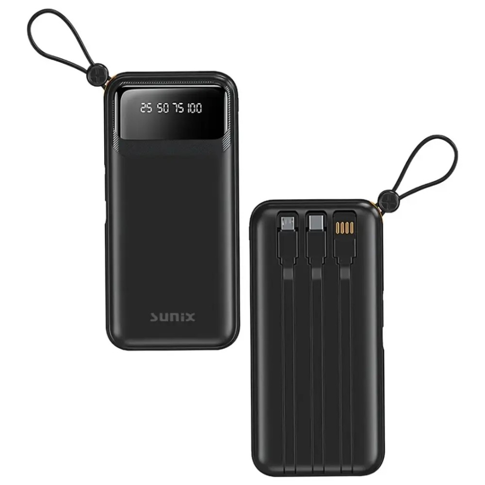 Sunix Power Bank 10000 mAh με Ενσωματωμένα Καλώδια USB C / Micro / USB A 2.1A - Μαύρο