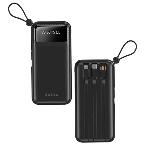 Sunix Power Bank 10000 mAh με Ενσωματωμένα Καλώδια USB C / Micro / USB A 2.1A - Μαύρο