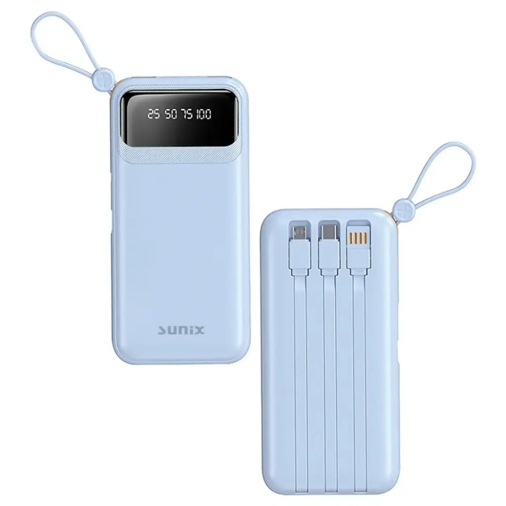 Sunix Power Bank 10000 mAh με Ενσωματωμένα Καλώδια USB C / Micro / USB A 2.1A - Γαλάζιο