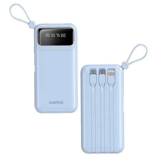 Sunix Power Bank 10000 mAh με Ενσωματωμένα Καλώδια USB C / Micro / USB A 2.1A - Γαλάζιο