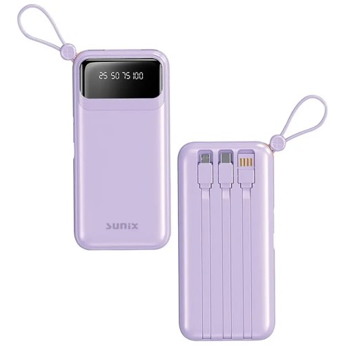 Sunix Power Bank 10000 mAh με Ενσωματωμένα Καλώδια USB C / Micro / USB A 2.1A - Μωβ