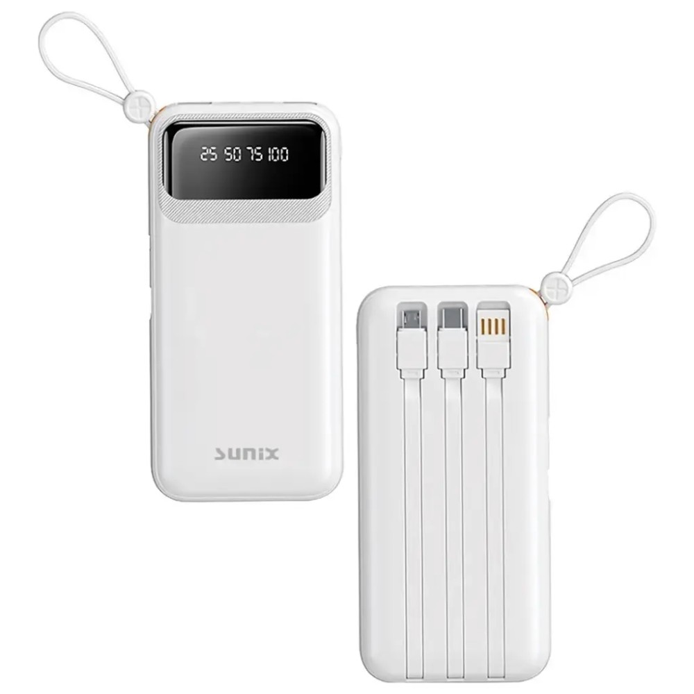 Sunix Power Bank 10000 mAh με Ενσωματωμένα Καλώδια USB C / Micro / USB A 2.1A - Λευκό