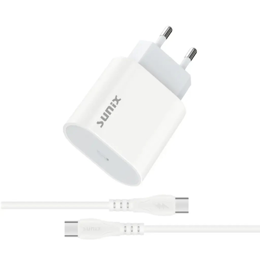 Sunix Σετ Φορτιστής Σπιτιού με Καλώδιο USB-C σε USB-C 20W - Λευκό