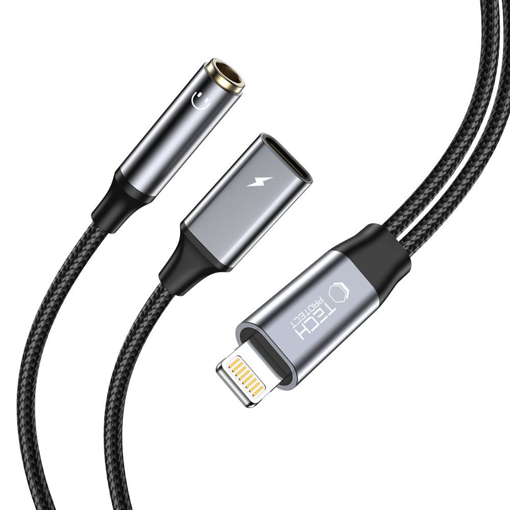 Tech-Protect UltraBoost Αντάπτορας Lightning (Αρσενικό) σε mini Jack Ακουστικών 3.5 mm και Lightning (Θηλυκό) - Μαύρο