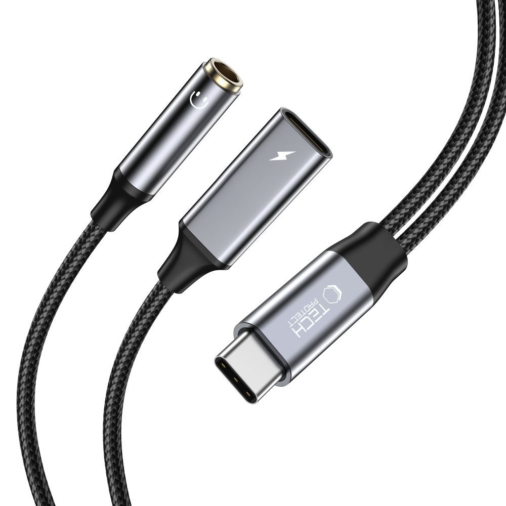 Tech-Protect UltraBoost Αντάπτορας USB Type C (Αρσενικό) σε mini Jack Ακουστικών 3.5 mm και USB Type C (Θηλυκό) PD 60W 6A - Μαύρο